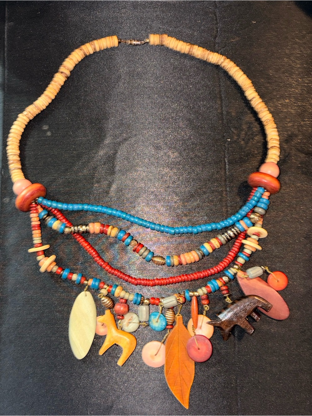 23” Boho Wooden Beaded Charm Necklace w Wooden Antelope and Boar Charms